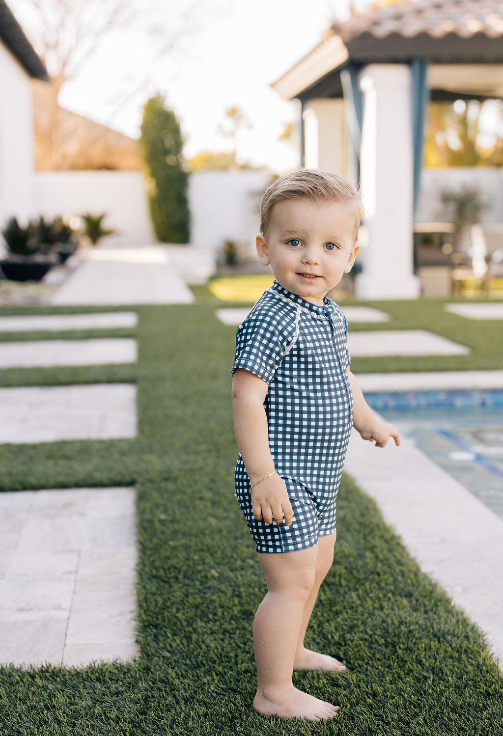 Mebie Baby Navy Gingham Zipper Swimsuit