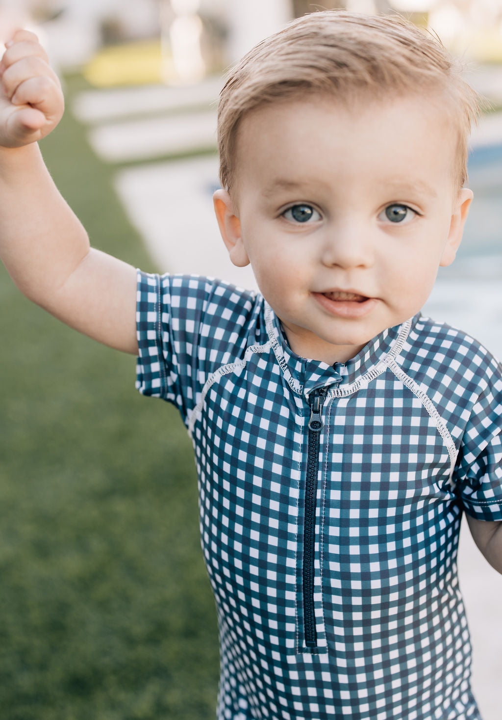Mebie Baby Navy Gingham Zipper Swimsuit
