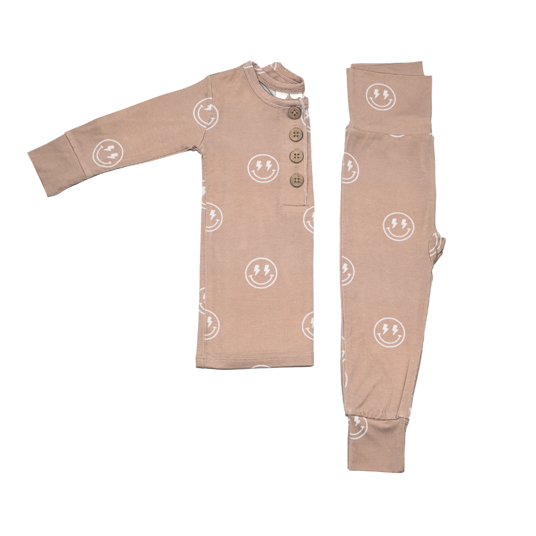 Top + Bottoms Set - Tan Smileys