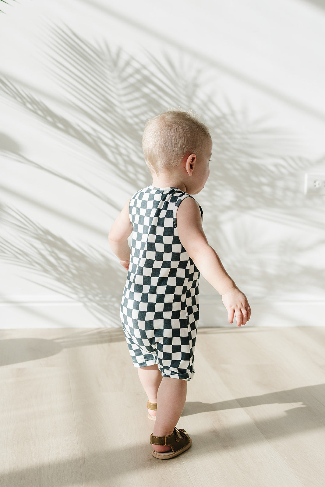 Mebie Baby Short Romper - Charcoal Wavy Checkered