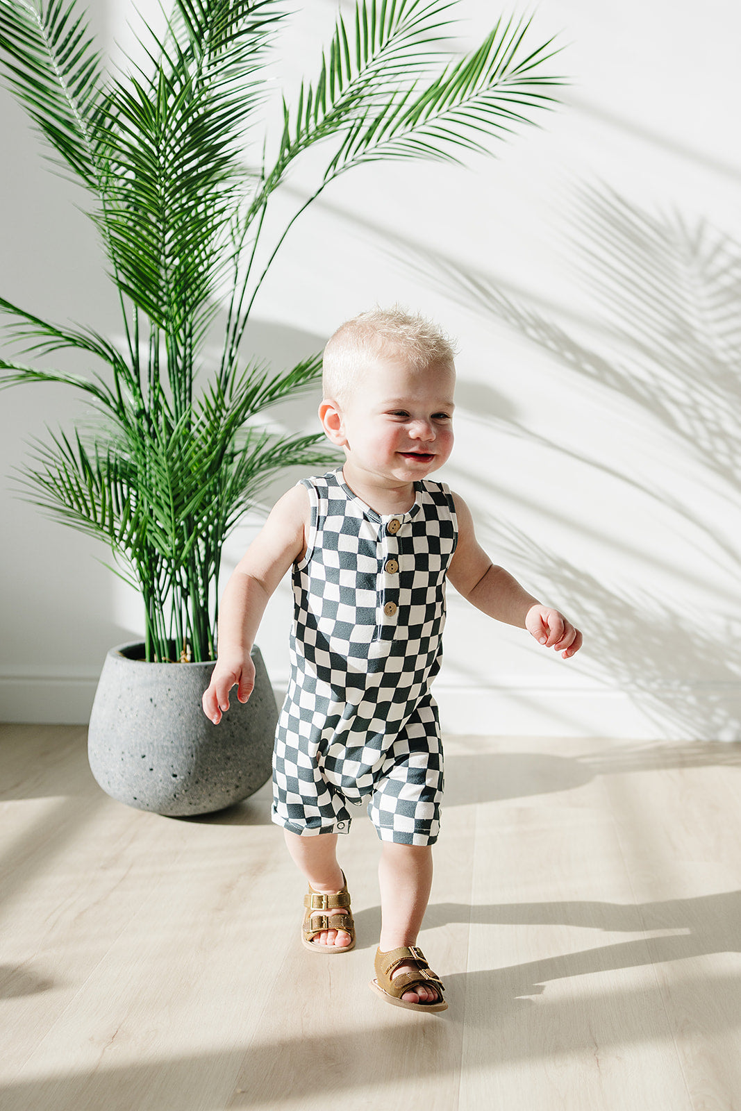 Mebie Baby Short Romper - Charcoal Wavy Checkered