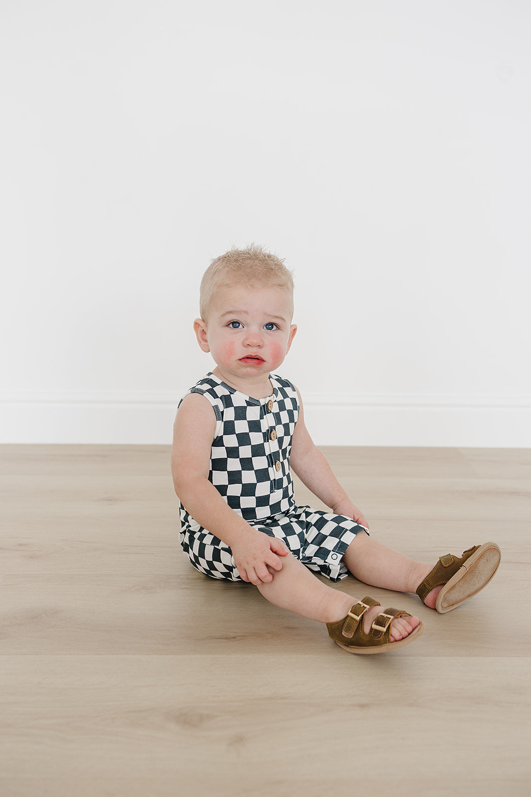 Mebie Baby Short Romper - Charcoal Wavy Checkered