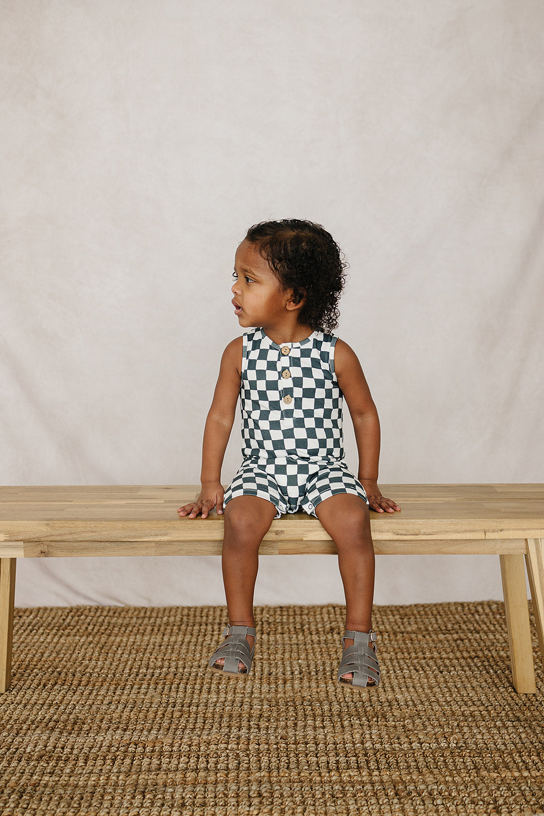 Mebie Baby Short Romper - Charcoal Wavy Checkered