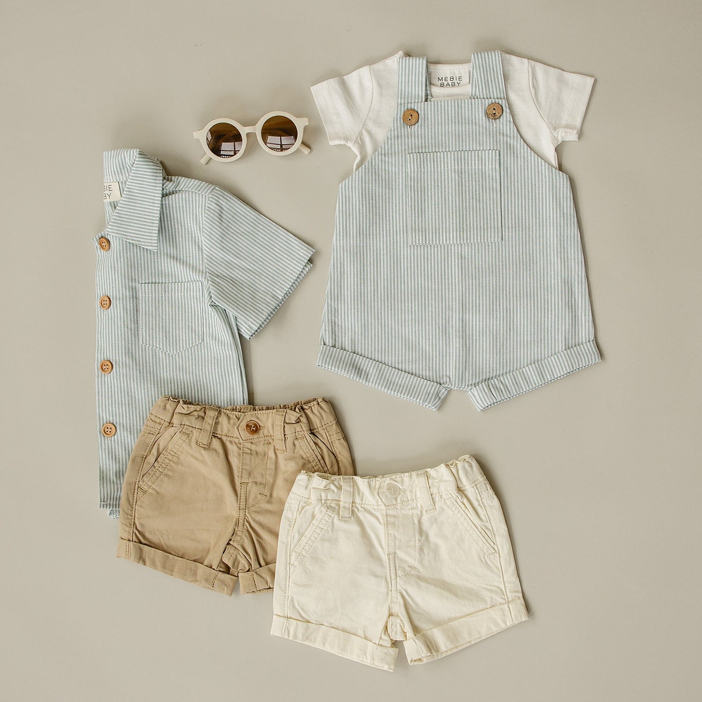 Mebie Baby Green Stripe Short Linen Overalls