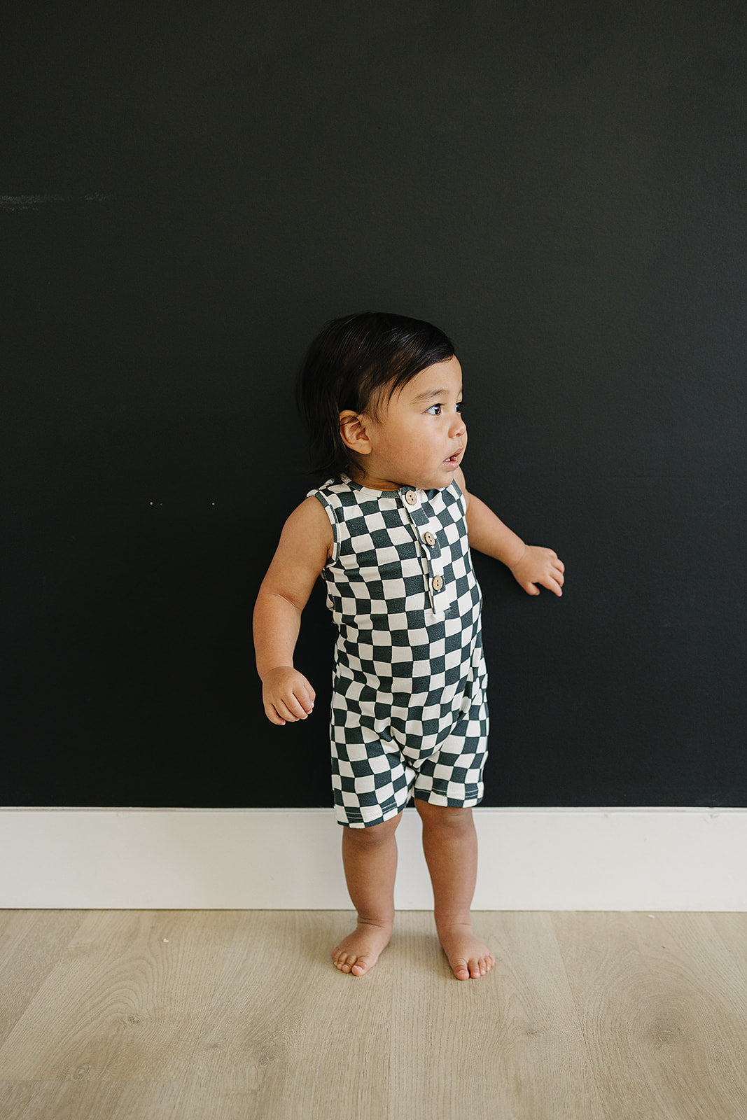 Mebie Baby Short Romper - Charcoal Wavy Checkered