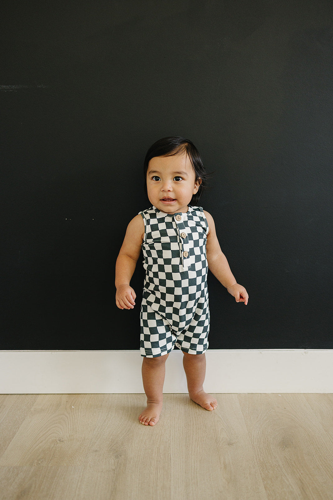 Mebie Baby Short Romper - Charcoal Wavy Checkered