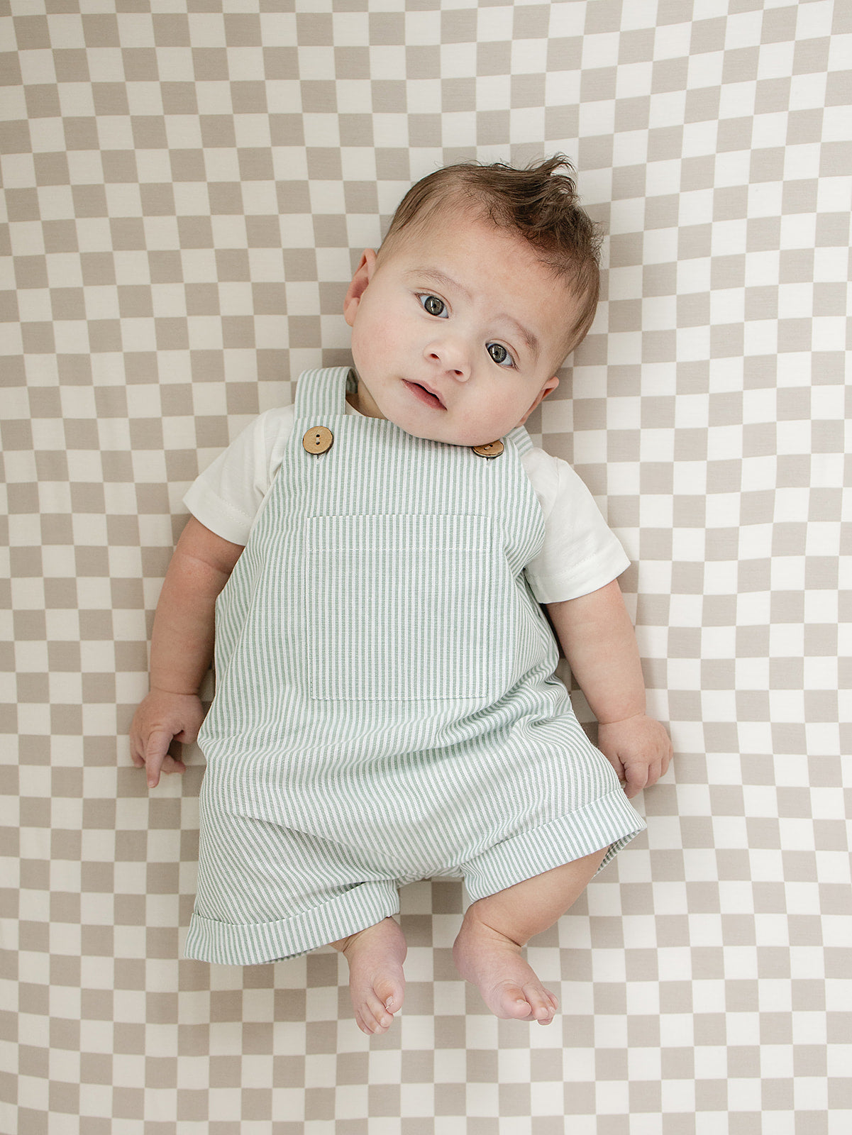 Mebie Baby Green Stripe Short Linen Overalls