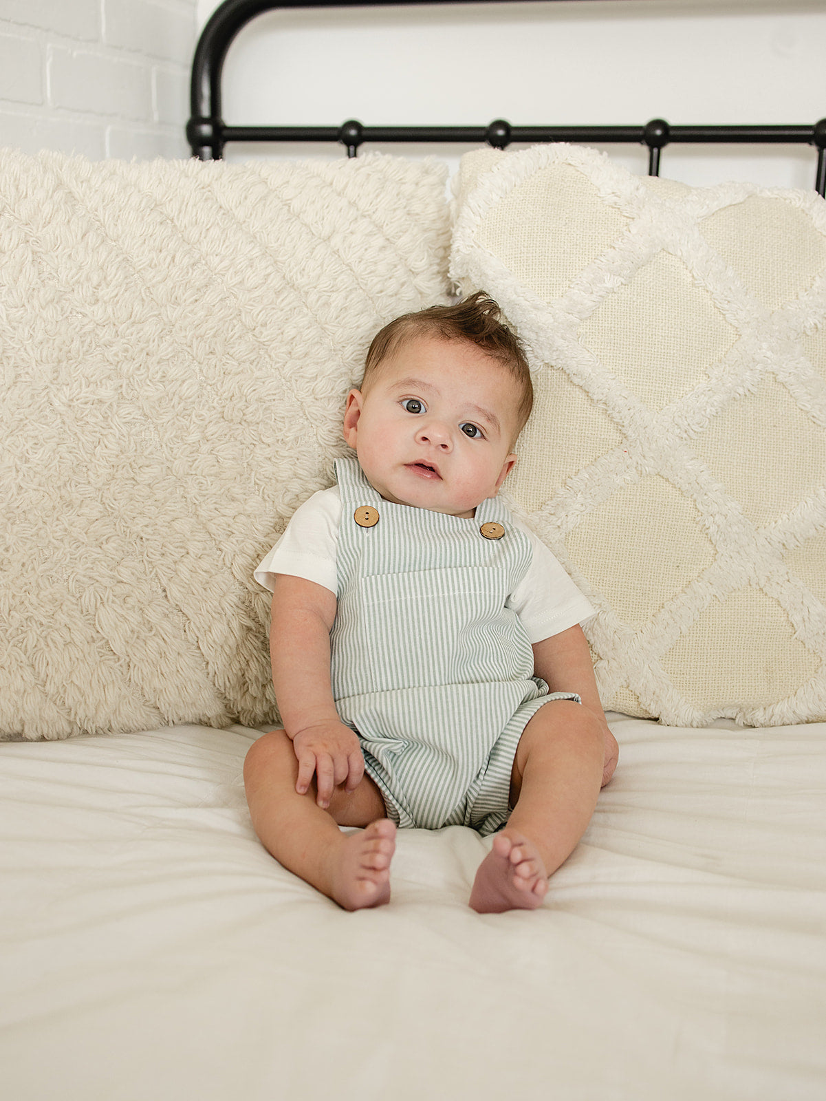 Mebie Baby Green Stripe Short Linen Overalls