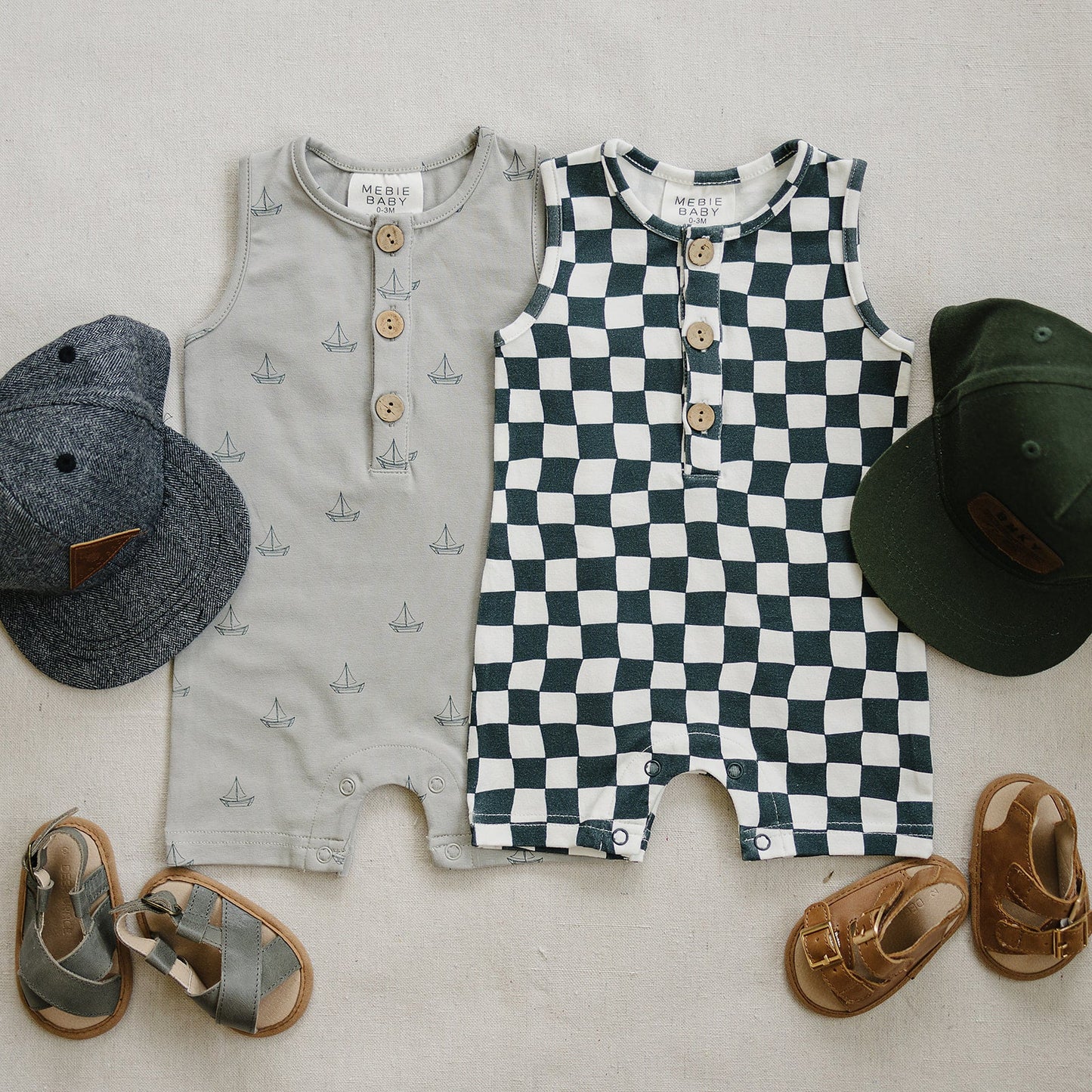 Mebie Baby Short Romper - Charcoal Wavy Checkered
