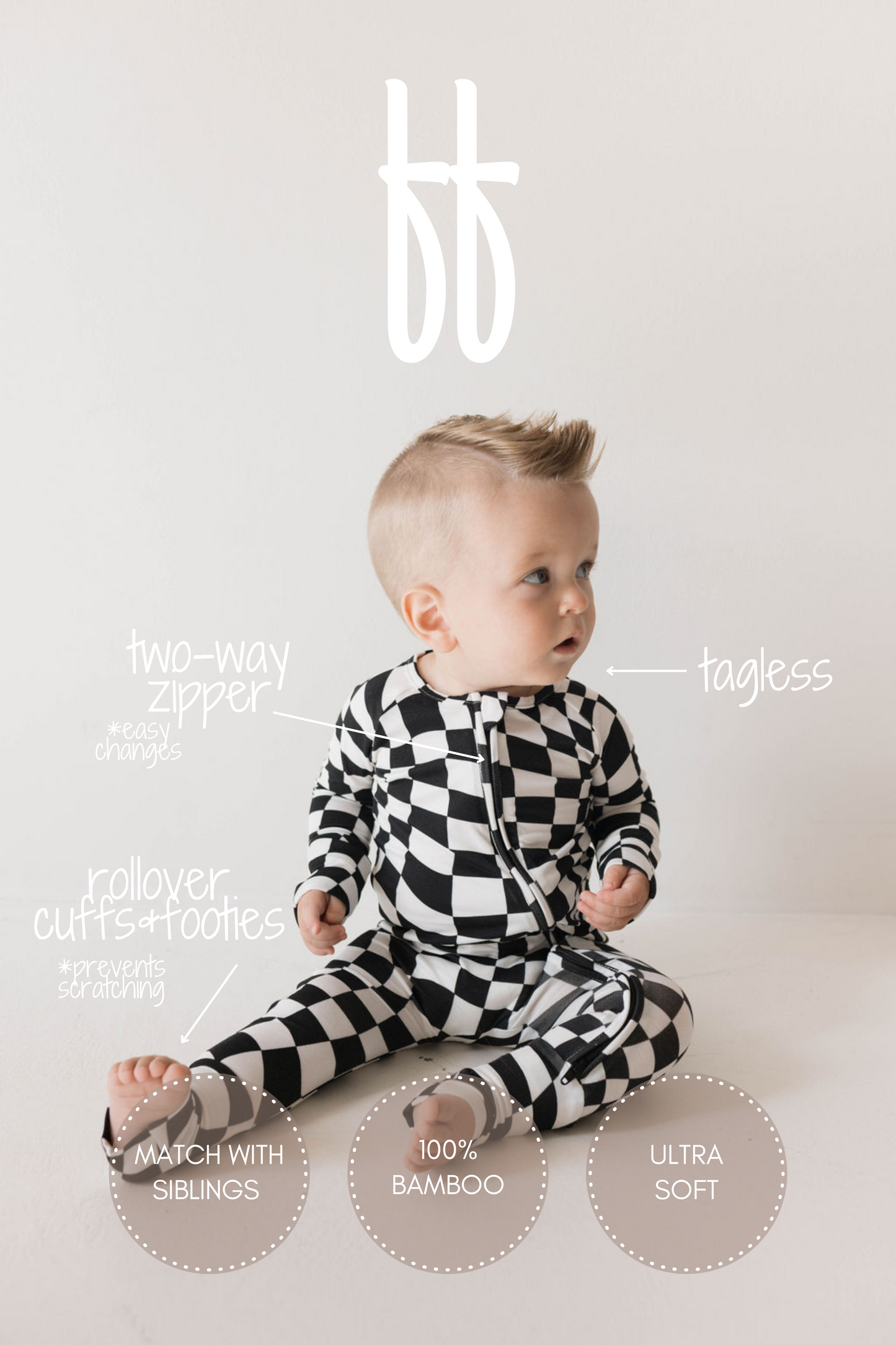 Forever French Bamboo Zip Romper - B&W Wavy Checkerboard