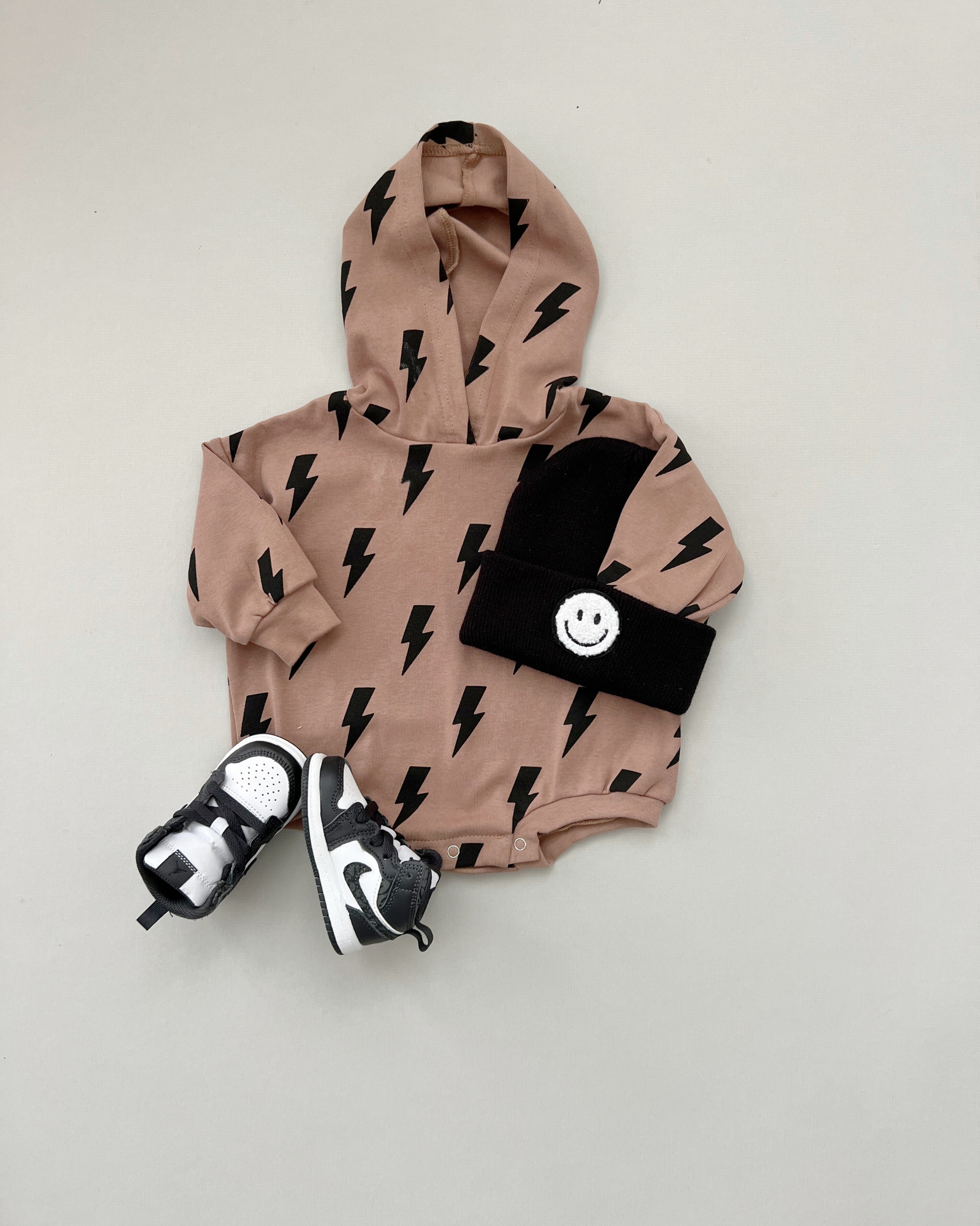 LPK Hooded Bubble Romper - Mocha Bolts - Atara & Co