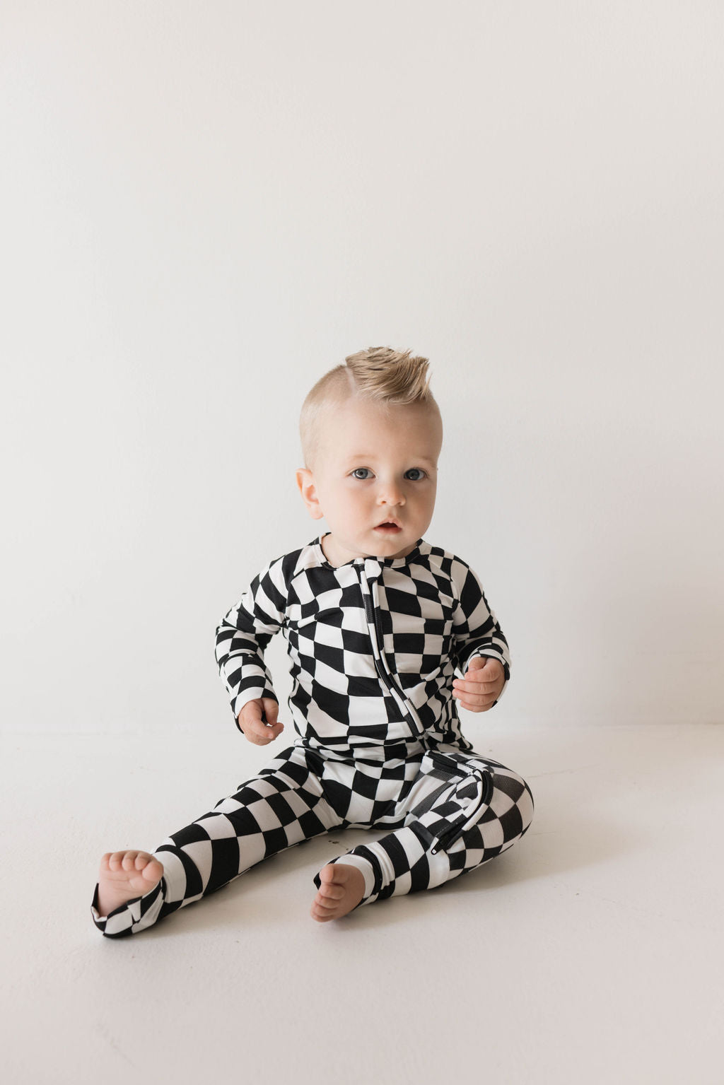 Forever French Bamboo Zip Romper - B&W Wavy Checkerboard