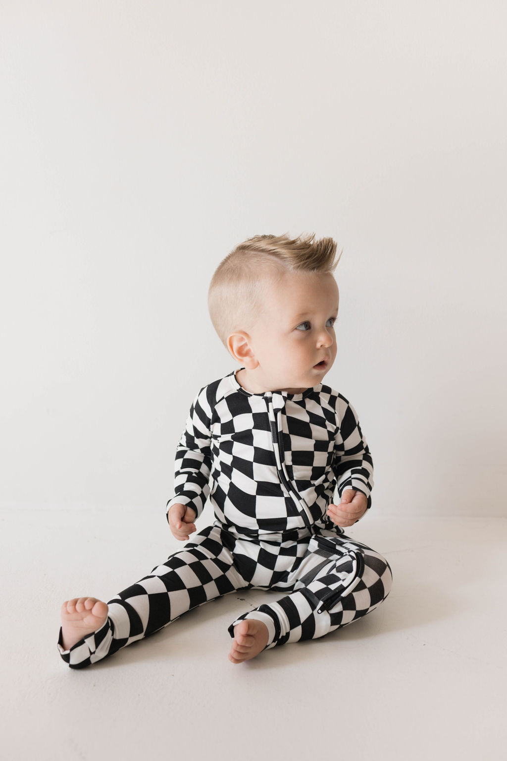 Forever French Bamboo Zip Romper - B&W Wavy Checkerboard