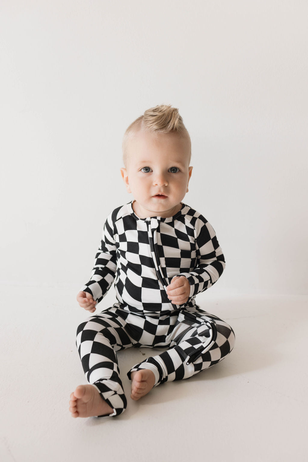 Forever French Bamboo Zip Romper - B&W Wavy Checkerboard