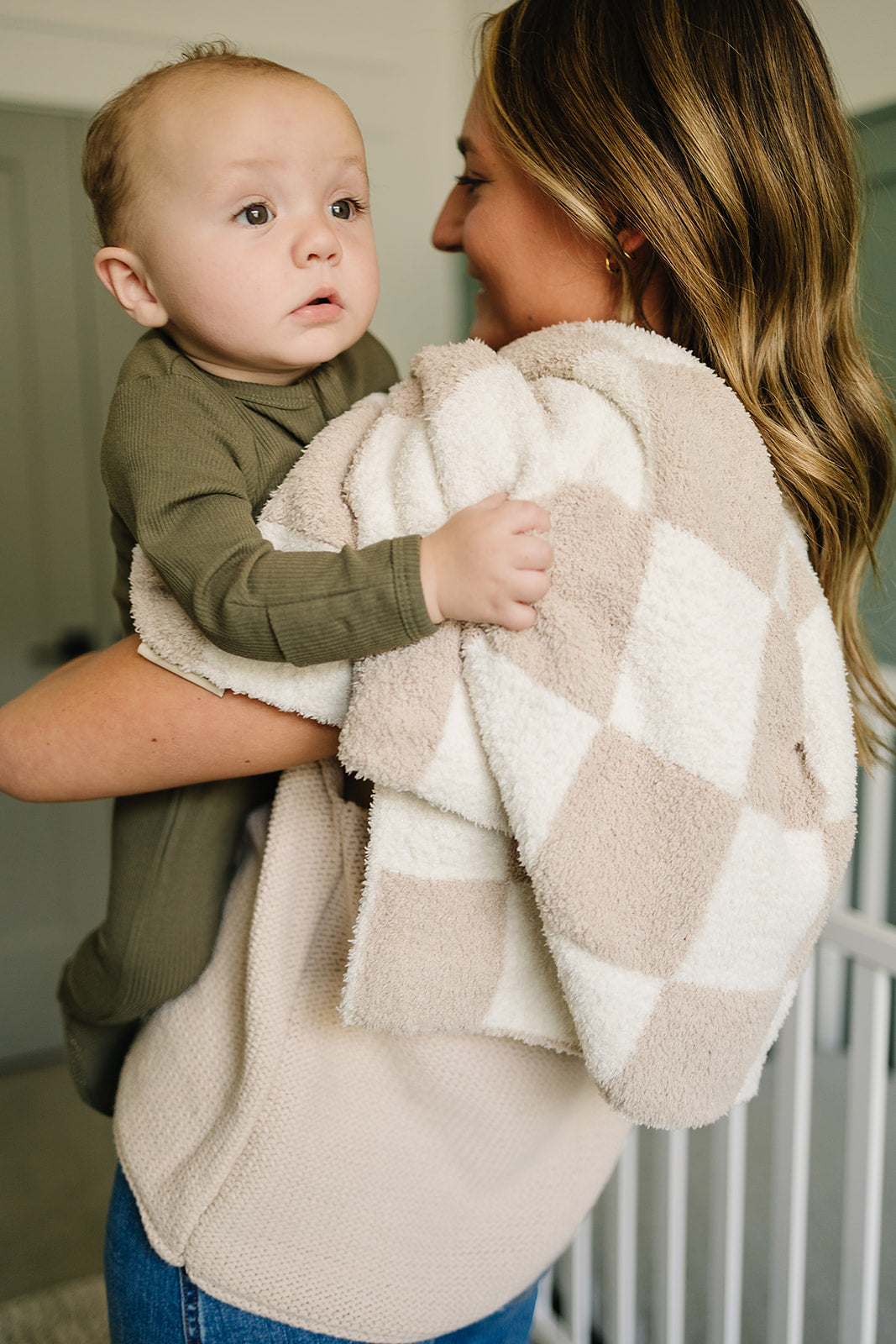 Mebie Baby Plush Blanket - Taupe Checkered - Atara & Co