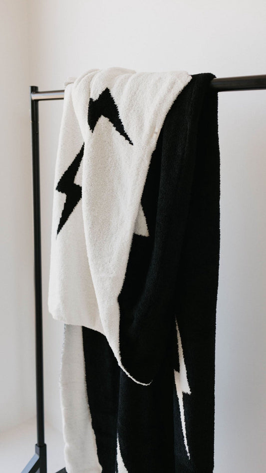 Forever French Plush Blanket - Black & White Lightning Bolt - Atara & Co