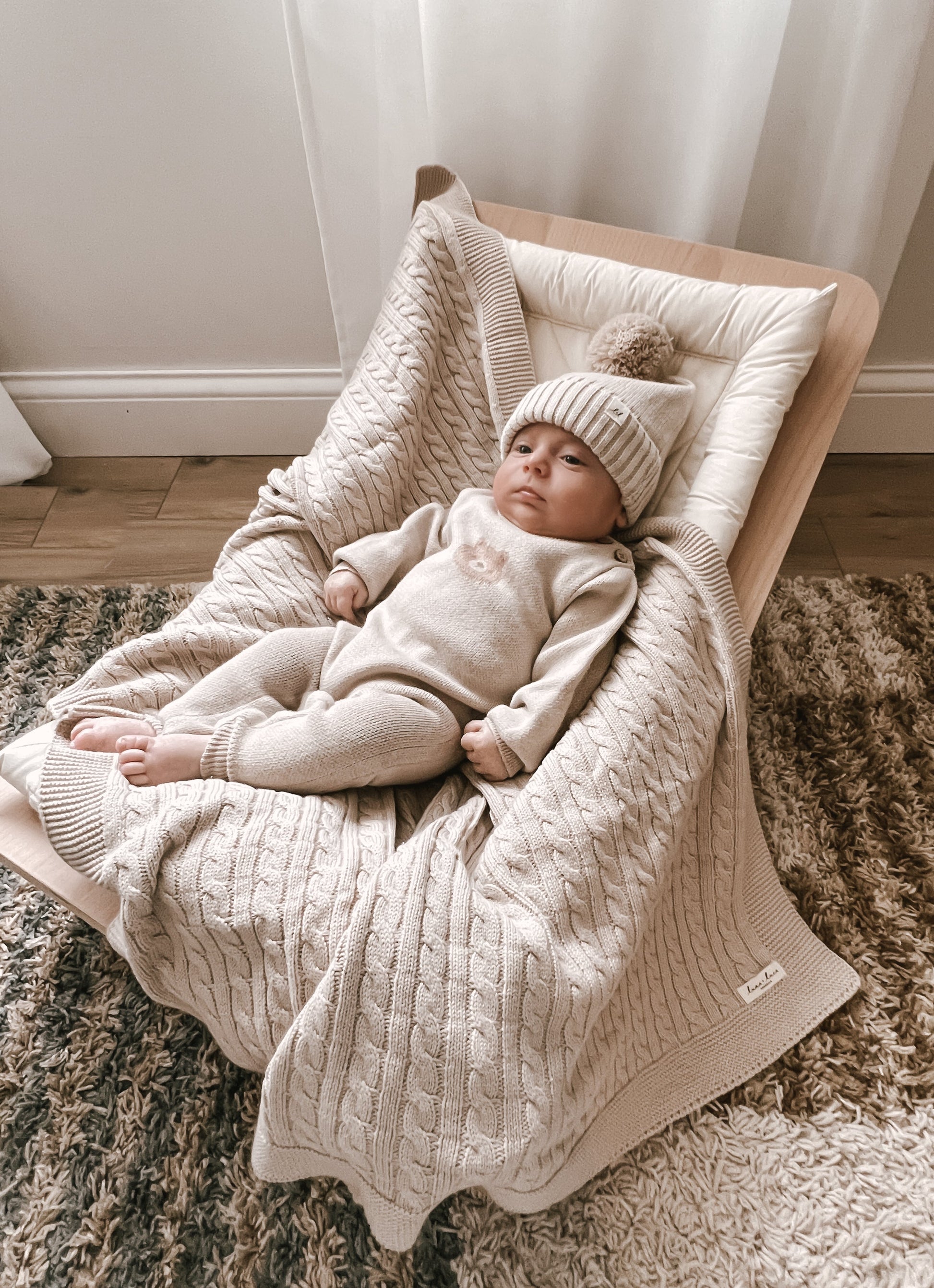 Luna + Luca Cable Knit Baby Blanket - Beige - Atara & Co