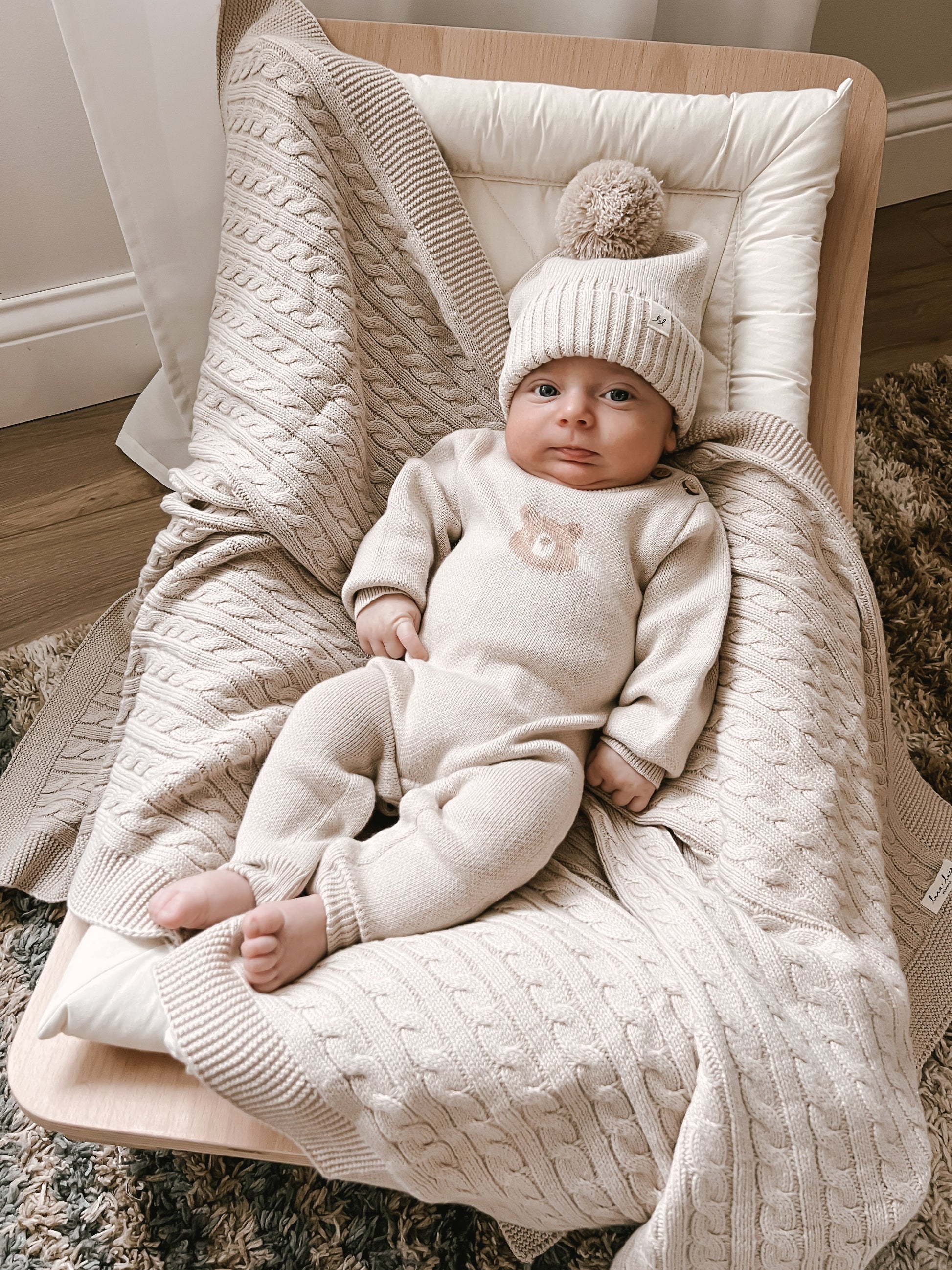 Luna + Luca Cable Knit Baby Blanket - Beige - Atara & Co