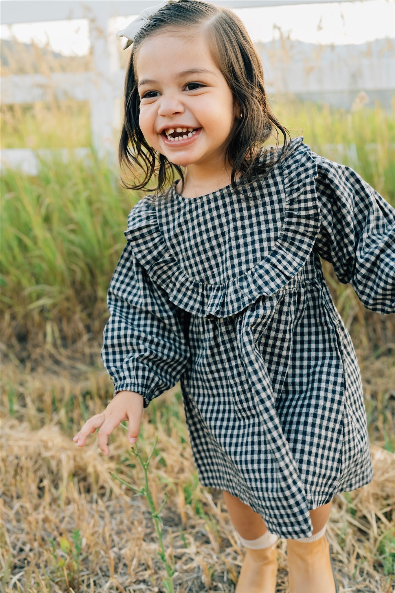 Mebie Baby Gingham Long Sleeve Ruffle Linen Dress - Atara & Co