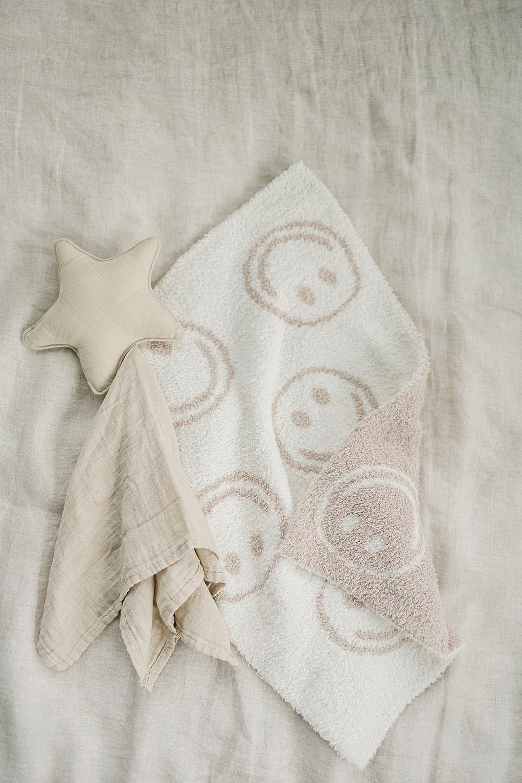 Mebie Baby Plush Blanket - Taupe Smiley - Atara & Co