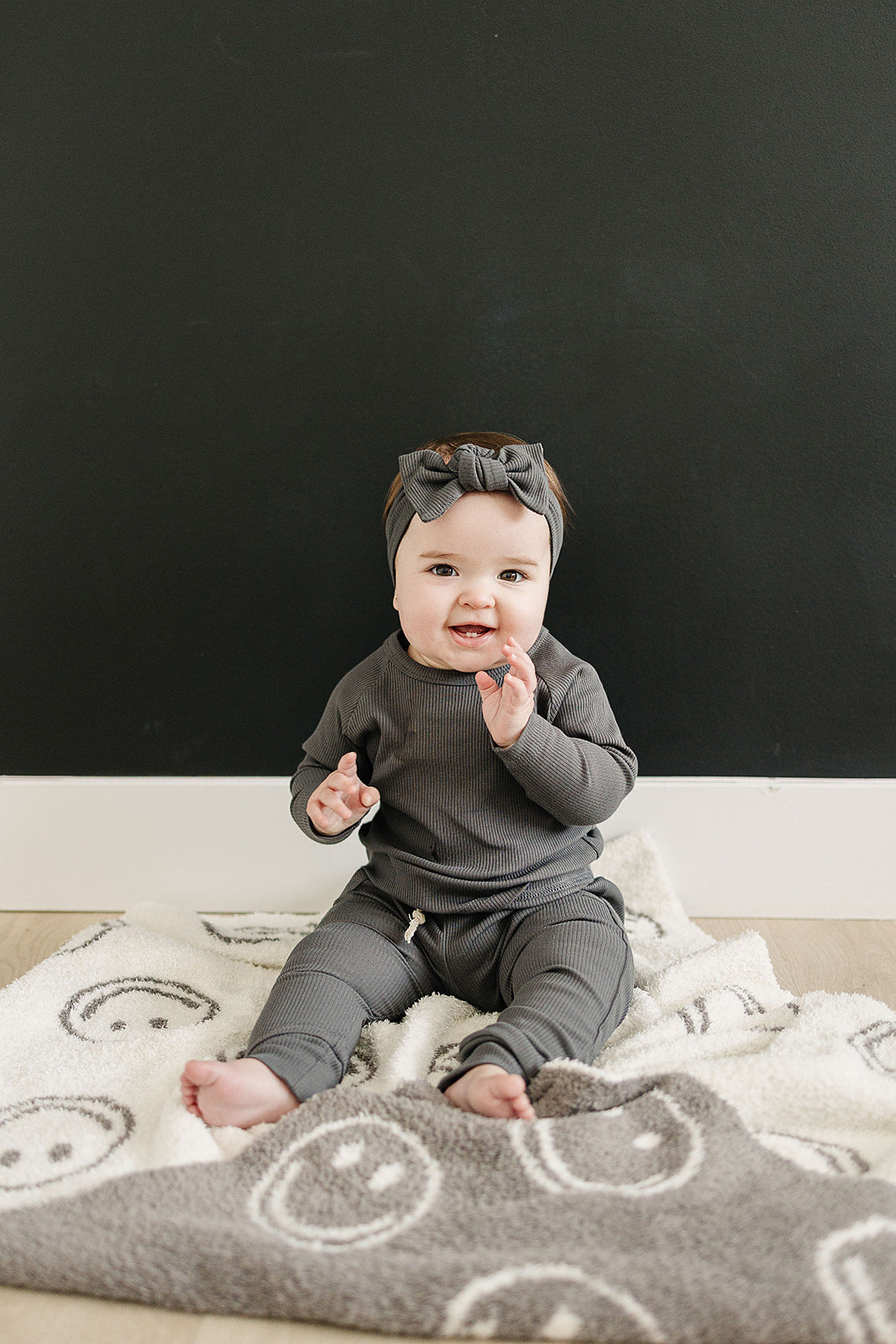 Mebie Baby Plush Blanket - Charcoal Smiley - Atara & Co