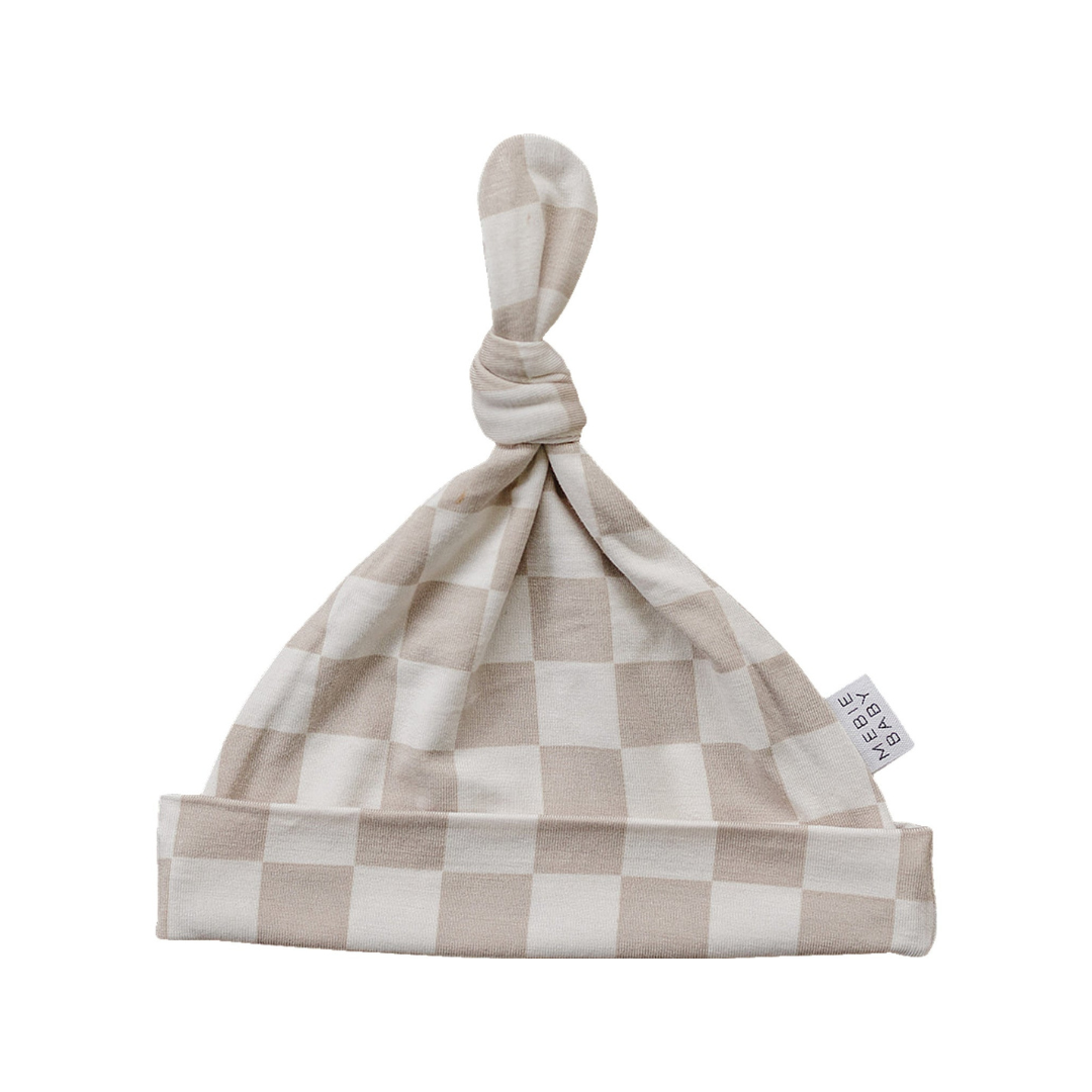 Mebie Baby Bamboo Knot Hat - Taupe Checkered - Atara & Co