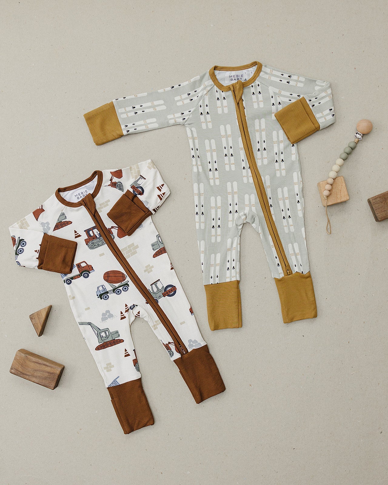 Mebie Baby Ribbed Bamboo Romper - Construction Trucks - Atara & Co