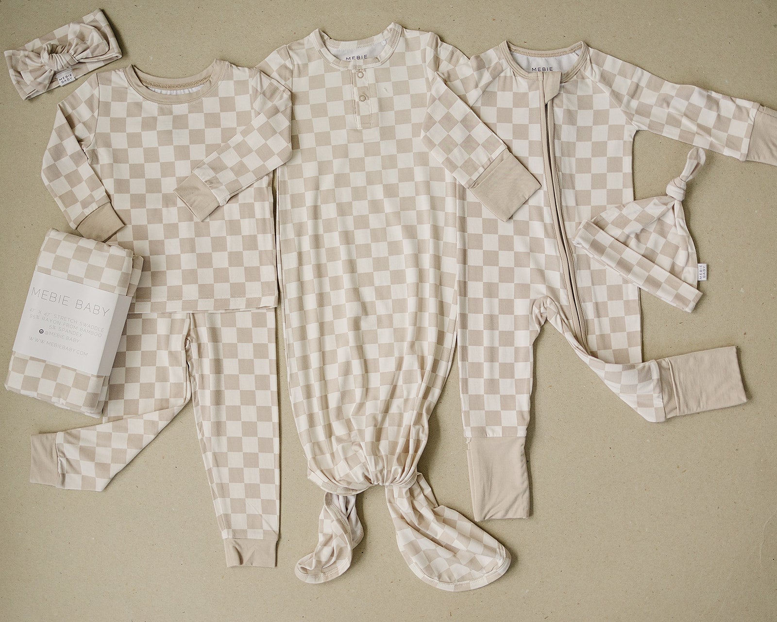 Mebie Baby Bamboo Cozy Set - Taupe Checkered - Atara & Co