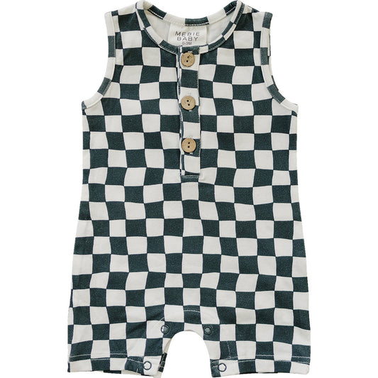 Mebie Baby Short Romper - Charcoal Wavy Checkered