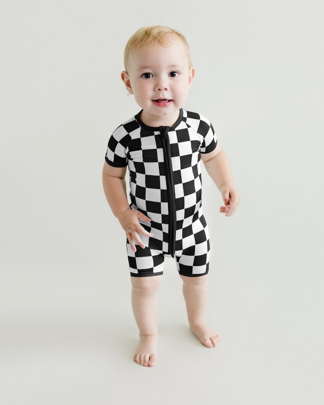 LPK Bamboo Shorty Romper - Black Checkered - Atara & Co