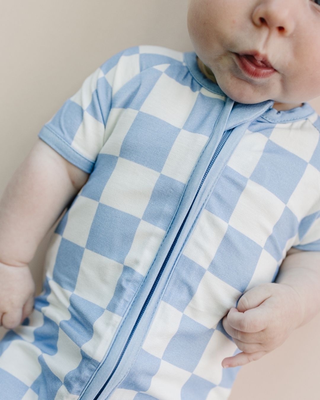 LPK Bamboo Shorty Romper - Blue Checkered - Atara & Co