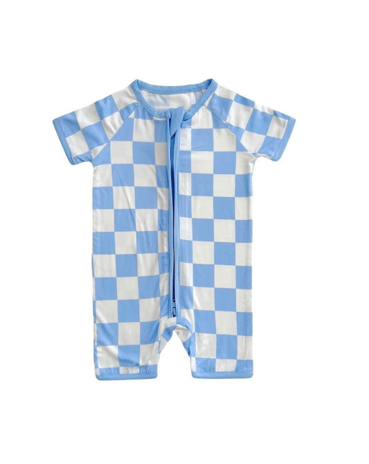 LPK Bamboo Shorty Romper - Blue Checkered - Atara & Co