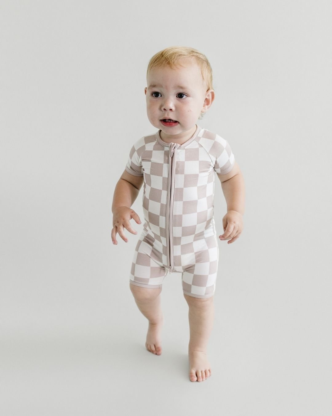 LPK Bamboo Shorty Romper - Latte Checkered - Atara & Co