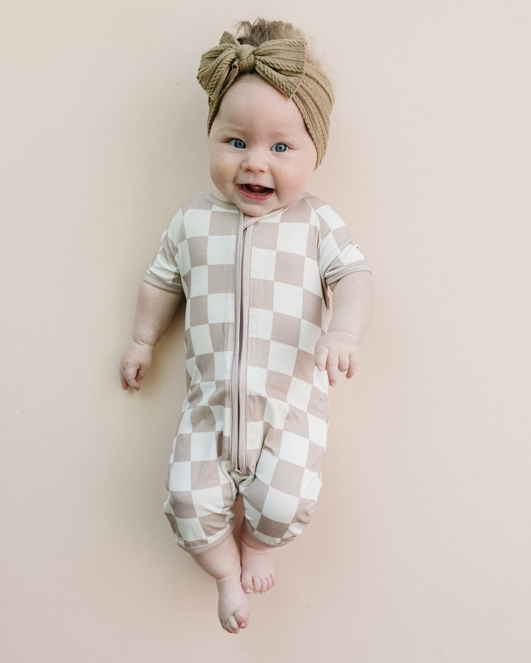 LPK Bamboo Shorty Romper - Latte Checkered - Atara & Co