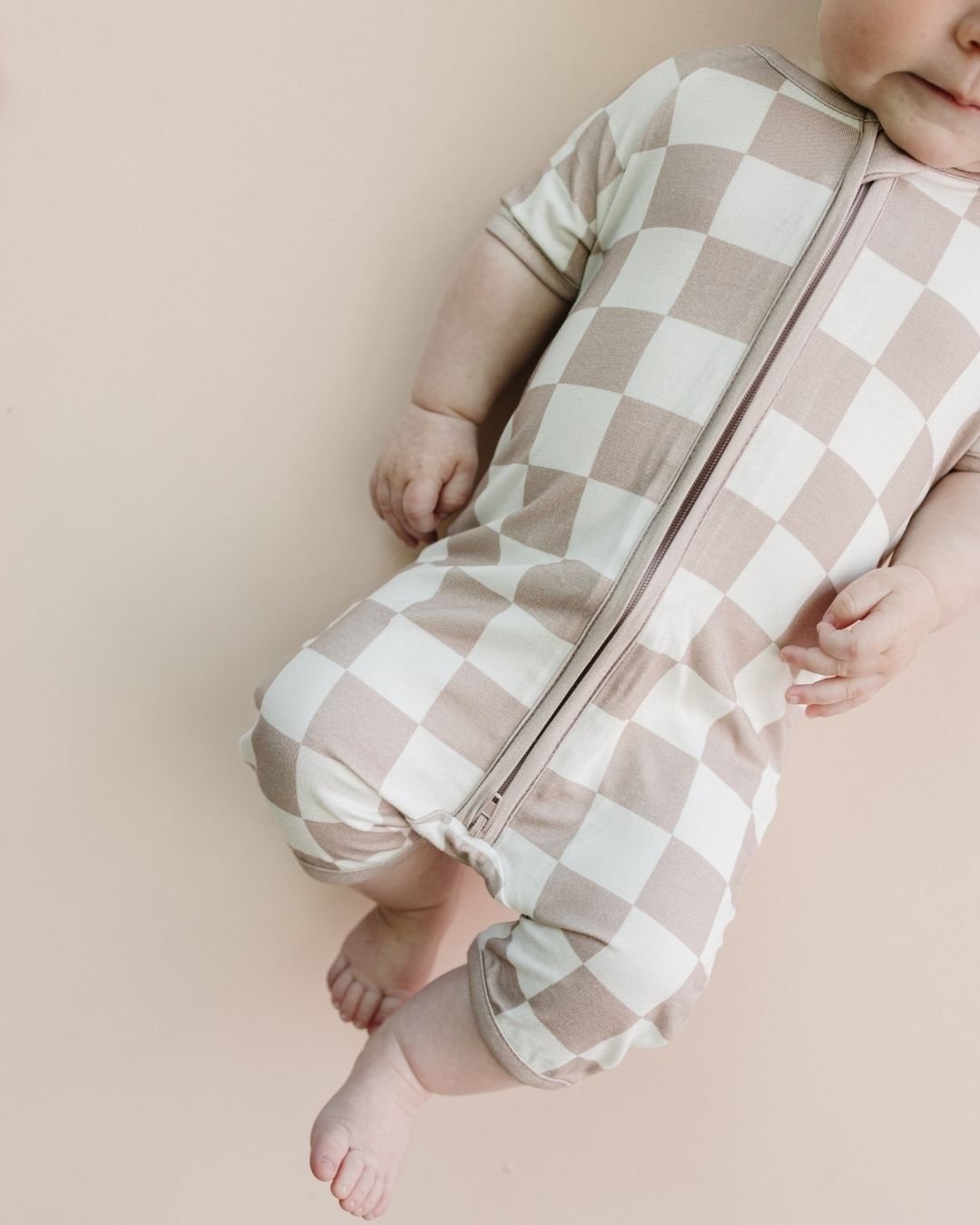 LPK Bamboo Shorty Romper - Latte Checkered - Atara & Co