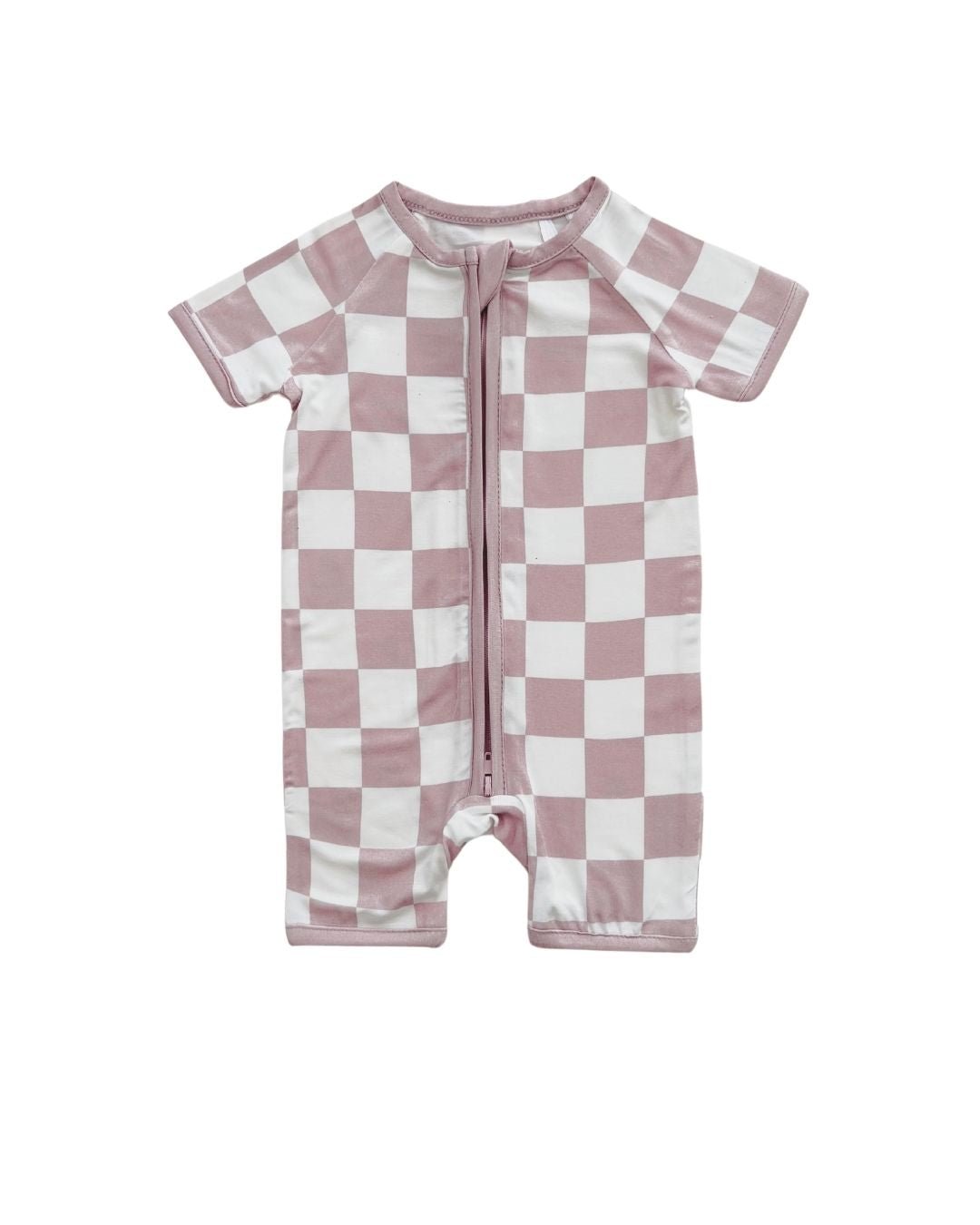 LPK Bamboo Shorty Romper - Latte Checkered - Atara & Co