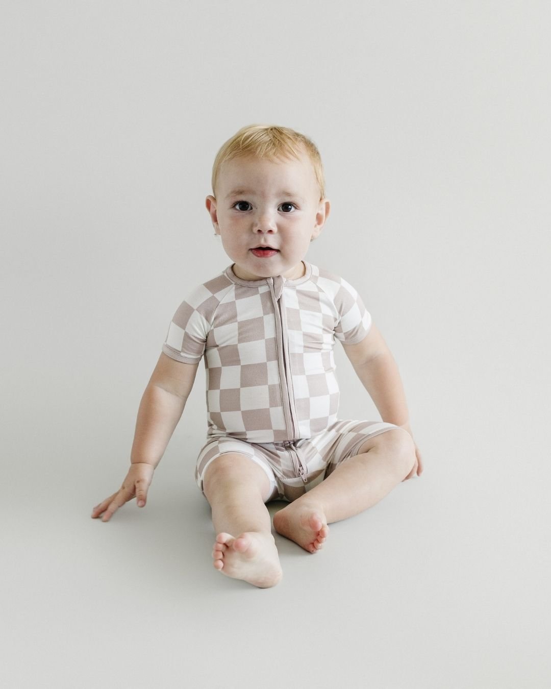 LPK Bamboo Shorty Romper - Latte Checkered - Atara & Co