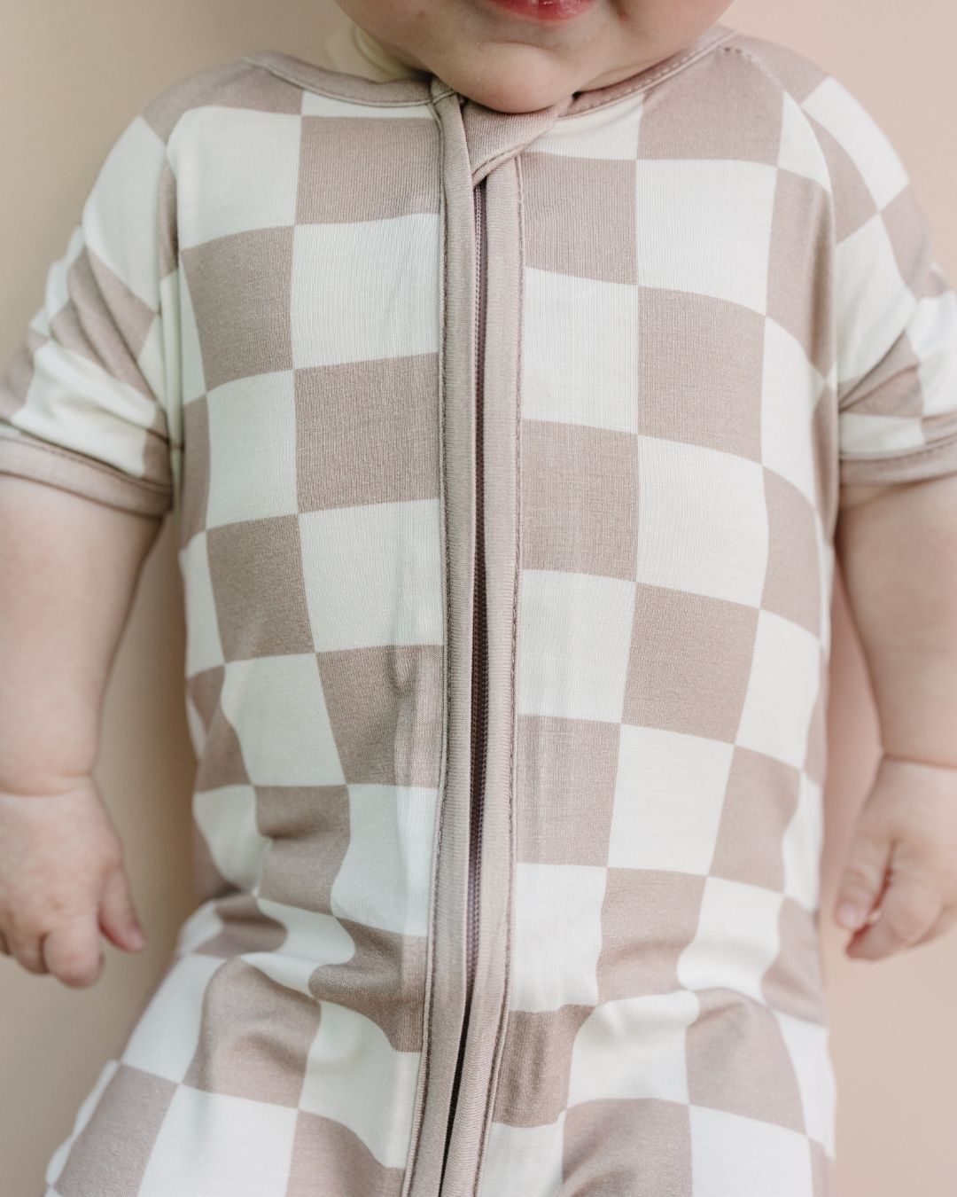 LPK Bamboo Shorty Romper - Latte Checkered - Atara & Co