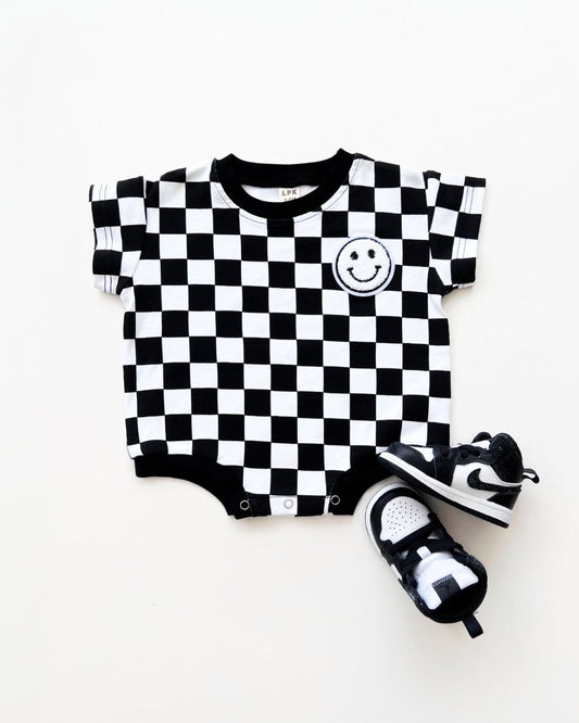 LPK Short Sleeve Bubble Romper - Checkered Smiley Black - Atara & Co