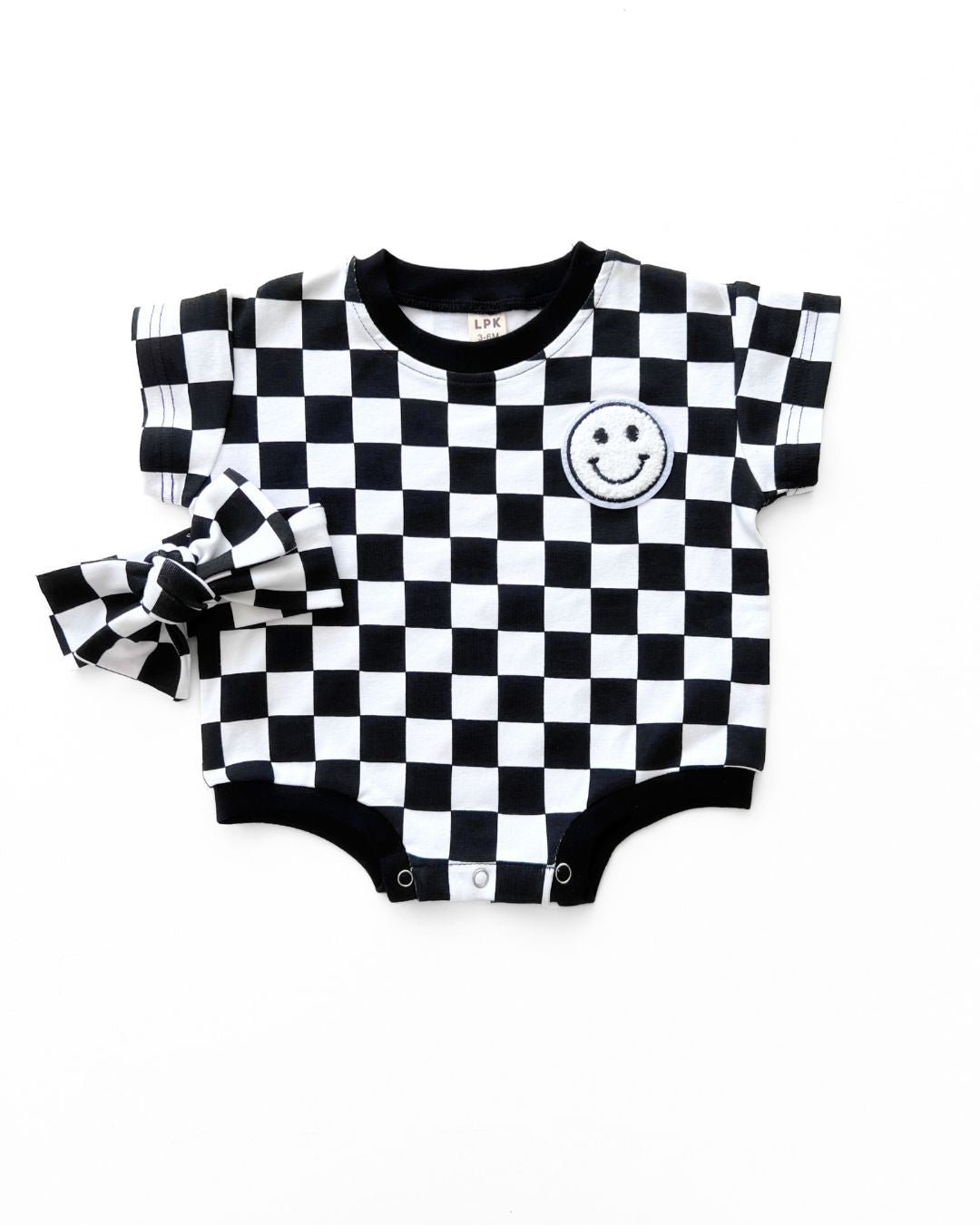 LPK Short Sleeve Bubble Romper - Checkered Smiley Black - Atara & Co