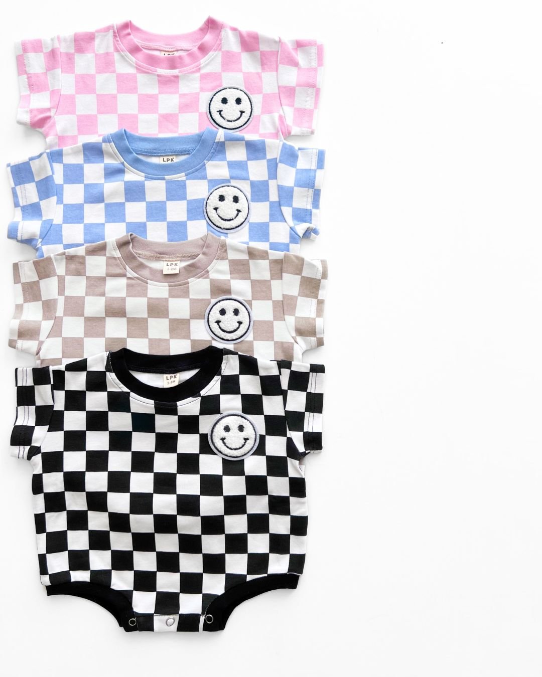 LPK Short Sleeve Bubble Romper - Checkered Smiley Blue - Atara & Co