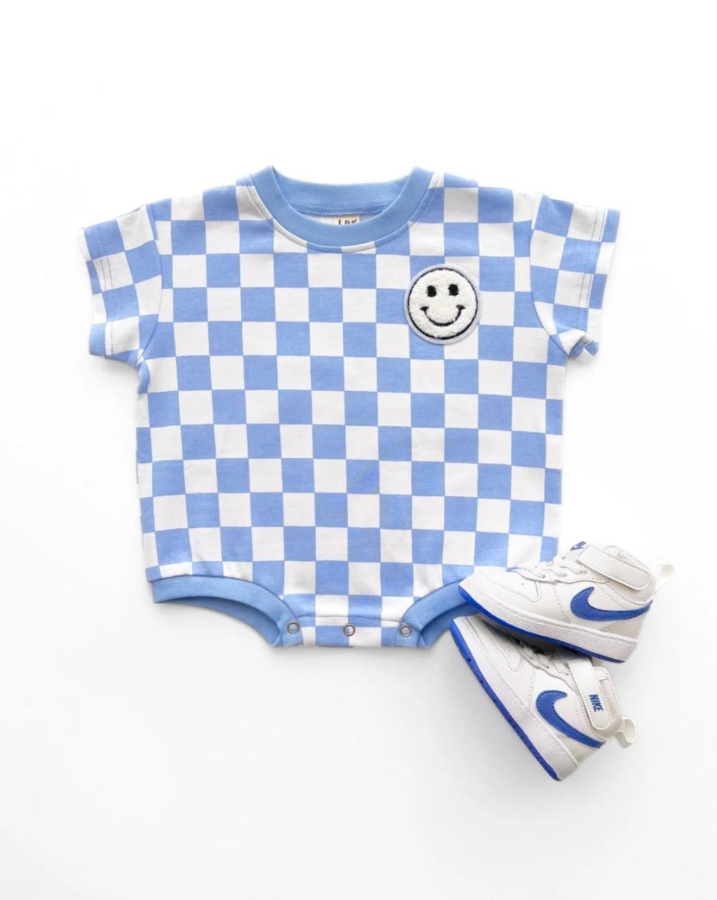 LPK Short Sleeve Bubble Romper - Checkered Smiley Blue - Atara & Co