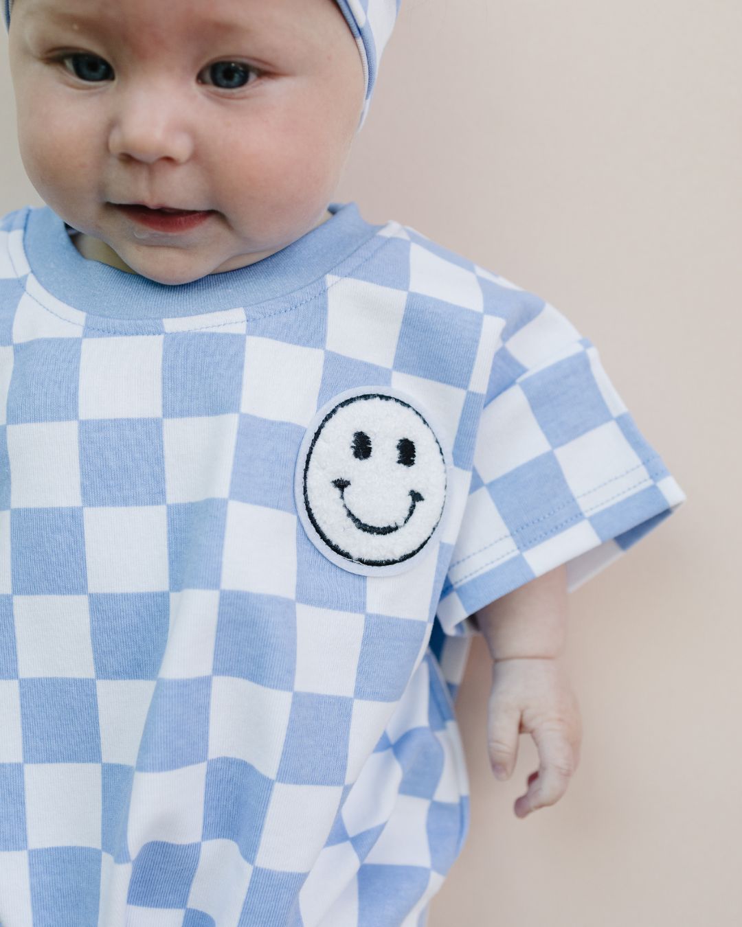 LPK Short Sleeve Bubble Romper - Checkered Smiley Blue - Atara & Co