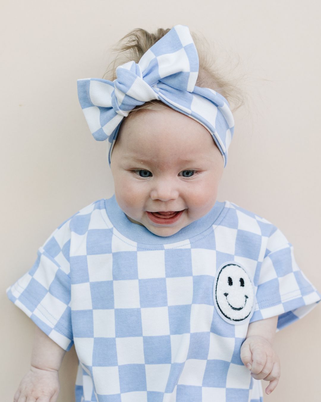 LPK Short Sleeve Bubble Romper - Checkered Smiley Blue - Atara & Co