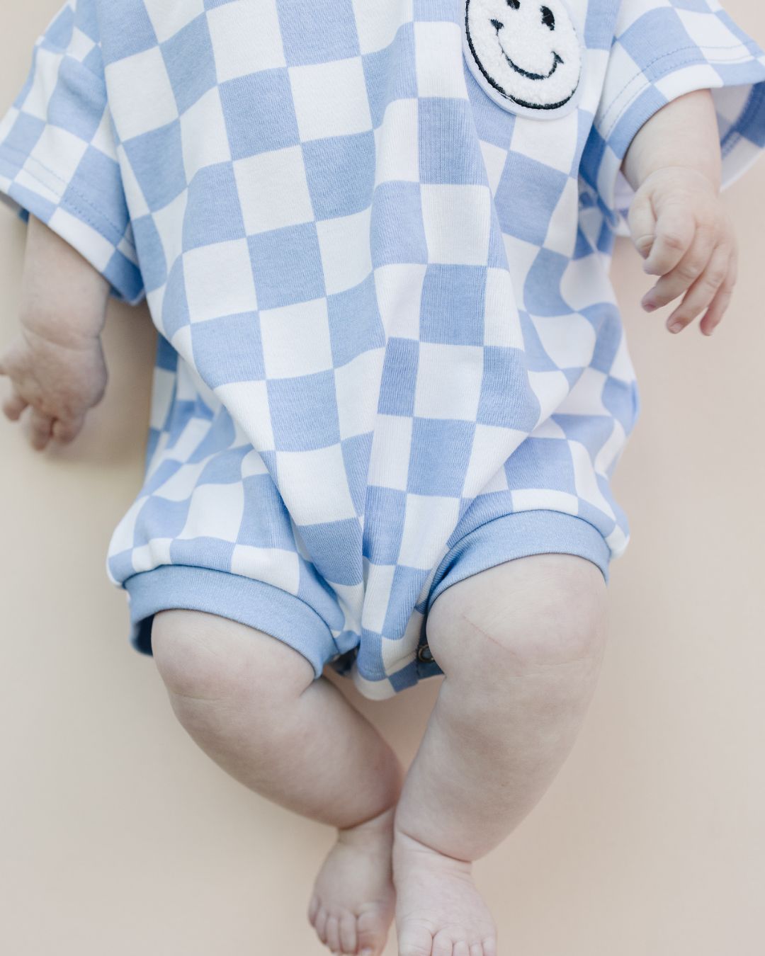 LPK Short Sleeve Bubble Romper - Checkered Smiley Blue - Atara & Co