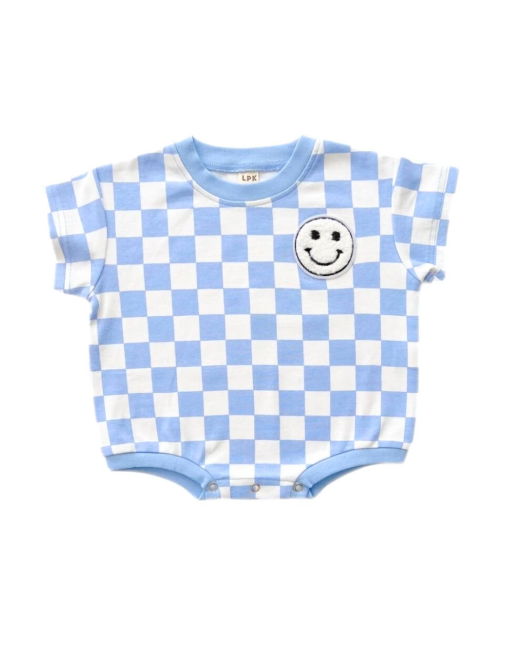 LPK Short Sleeve Bubble Romper - Checkered Smiley Blue - Atara & Co