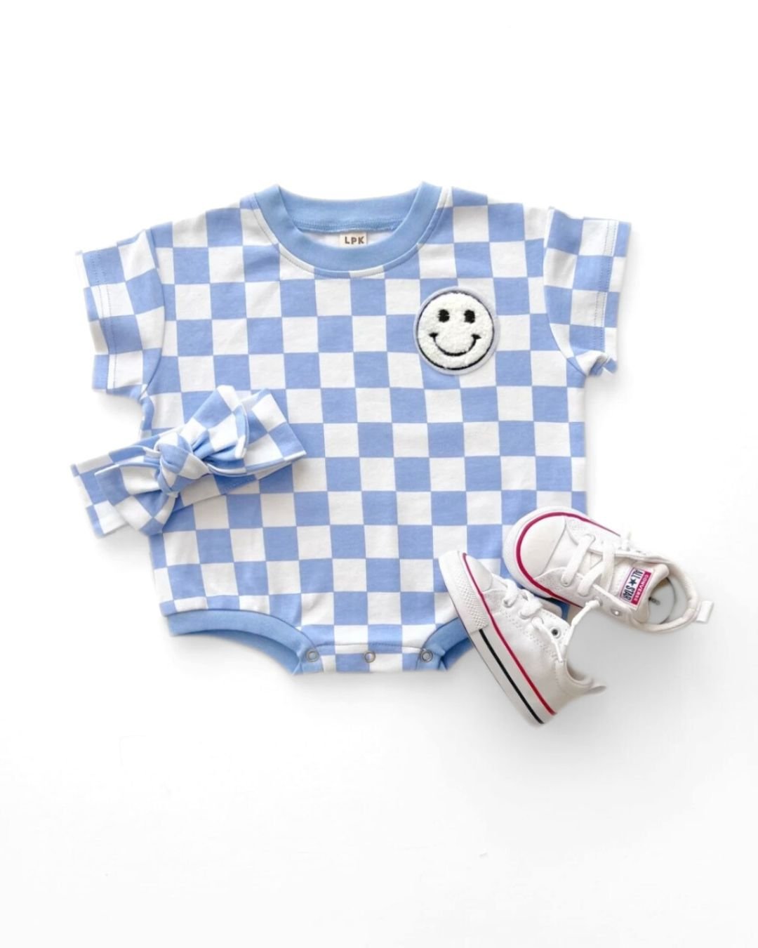 LPK Short Sleeve Bubble Romper - Checkered Smiley Blue - Atara & Co