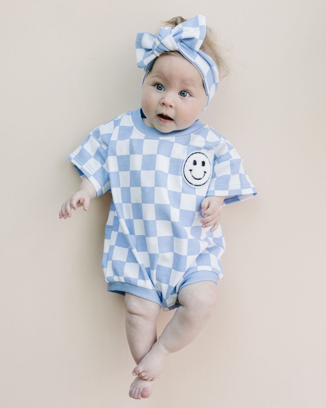 LPK Short Sleeve Bubble Romper - Checkered Smiley Blue - Atara & Co