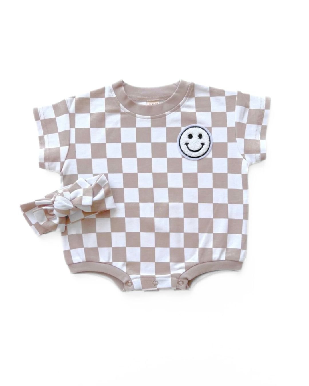 LPK Short Sleeve Bubble Romper - Checkered Smiley Latte - Atara & Co