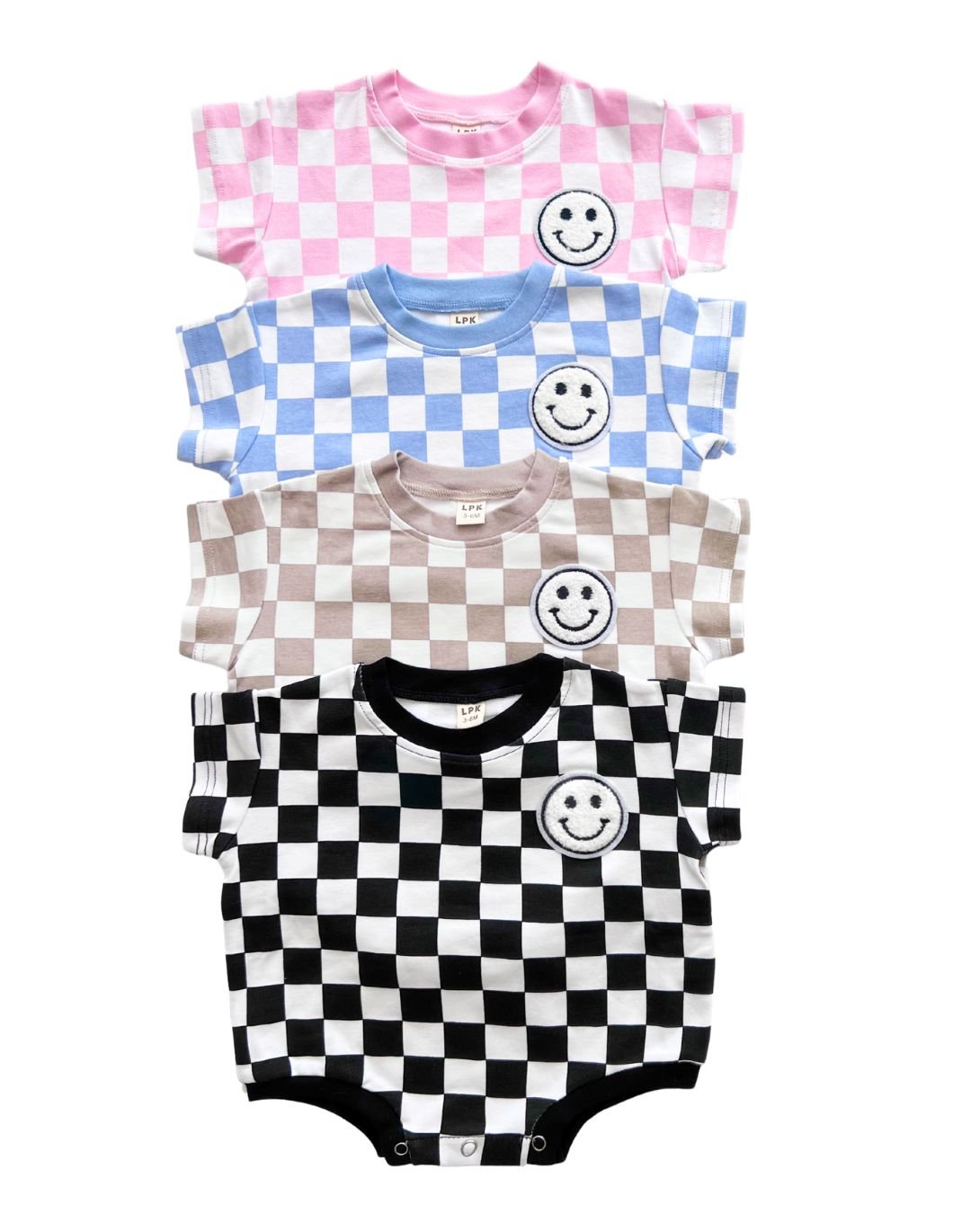 LPK Short Sleeve Bubble Romper - Checkered Smiley Latte - Atara & Co